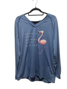 Blue V‑Neck Flamingo Graphic Long Sleeve Top